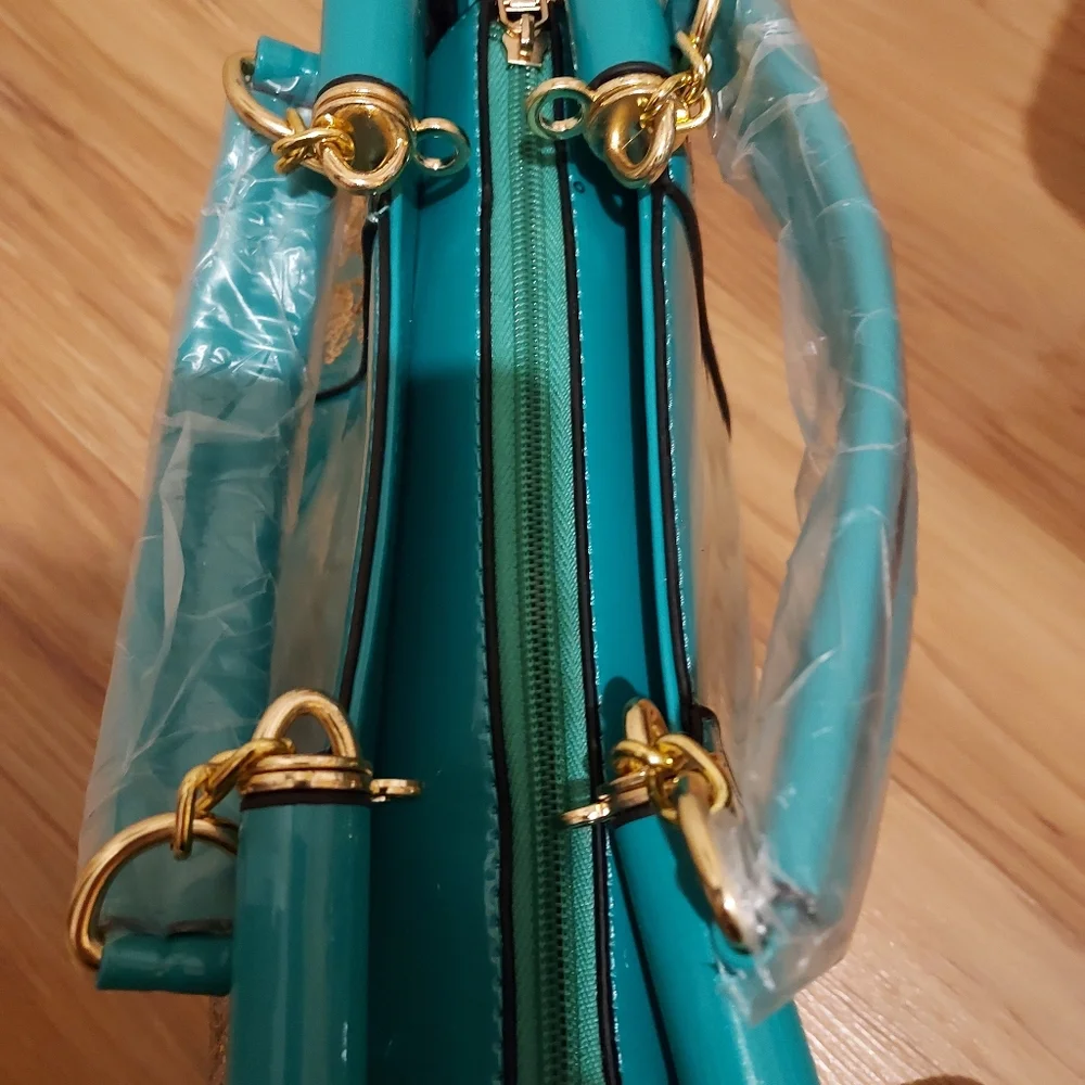 Teal Neptune Green Gold Patent Leather Look Bling Handbag Embroidery Shiny Purse